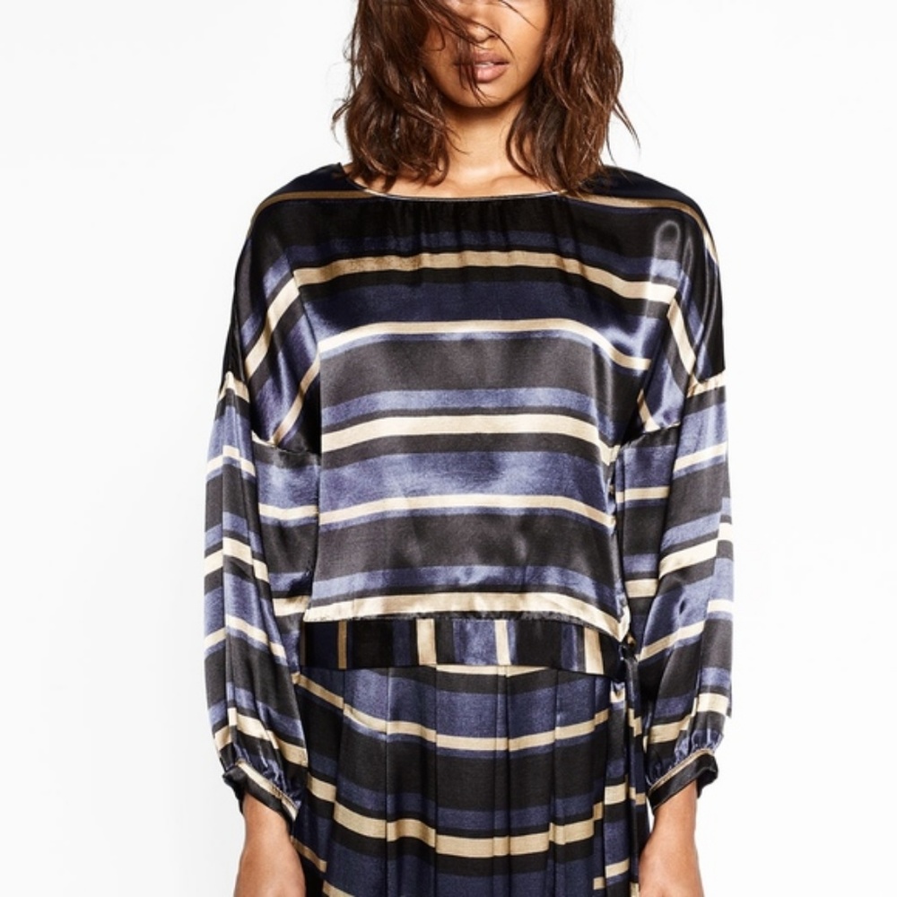 Zara Silky Striped Side Tie Balloon Sleeve Blouse